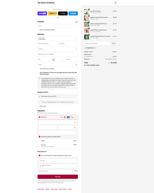Old World Christmas checkout page showing Old World Christmas discount code box | Screenshot taken by SimplyCodes community member on Aug 17, 2025