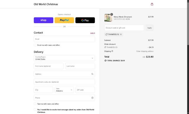 Old World Christmas checkout page showing Old World Christmas discount code box | Screenshot taken by SimplyCodes community member on Sep 2, 2025