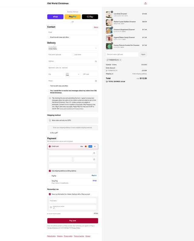 Old World Christmas checkout page showing Old World Christmas discount code box | Screenshot taken by SimplyCodes community member on Sep 12, 2025