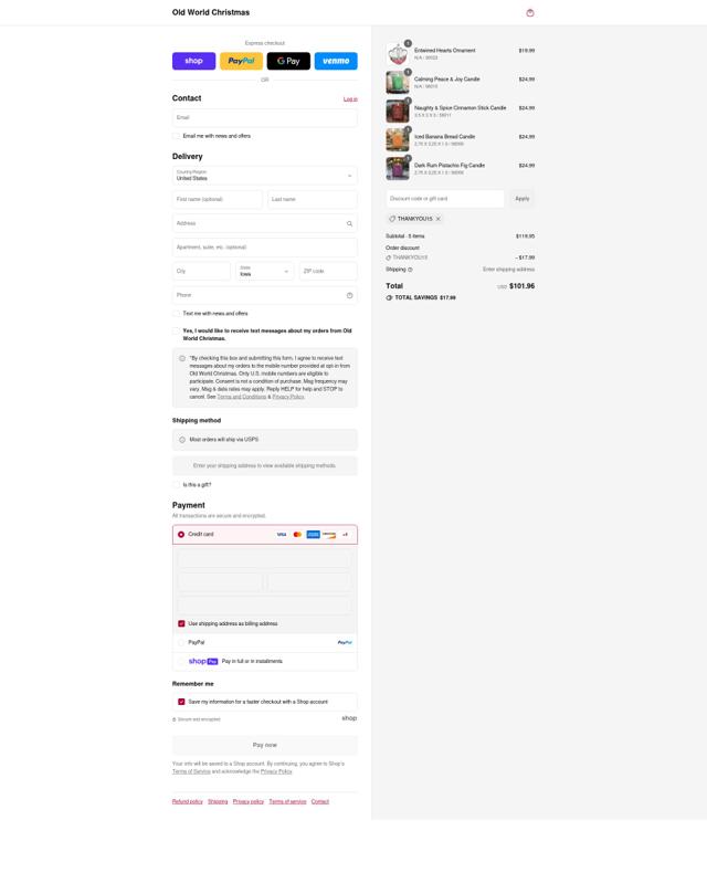 Old World Christmas checkout page showing Old World Christmas discount code box | Screenshot taken by SimplyCodes community member on Aug 13, 2025