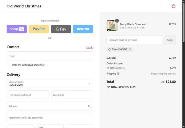 Old World Christmas checkout page showing Old World Christmas discount code box | Screenshot taken by SimplyCodes community member on Aug 27, 2025