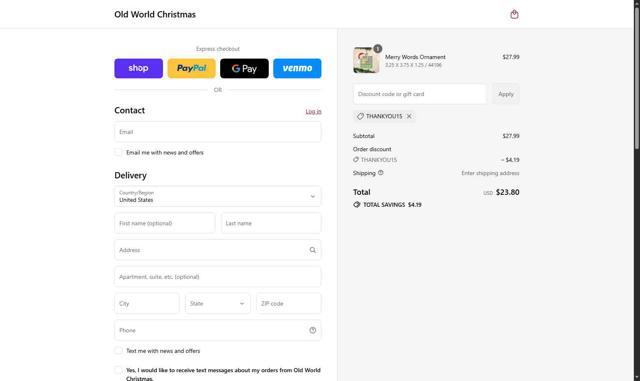 Old World Christmas checkout page showing Old World Christmas discount code box | Screenshot taken by SimplyCodes community member on Sep 2, 2025