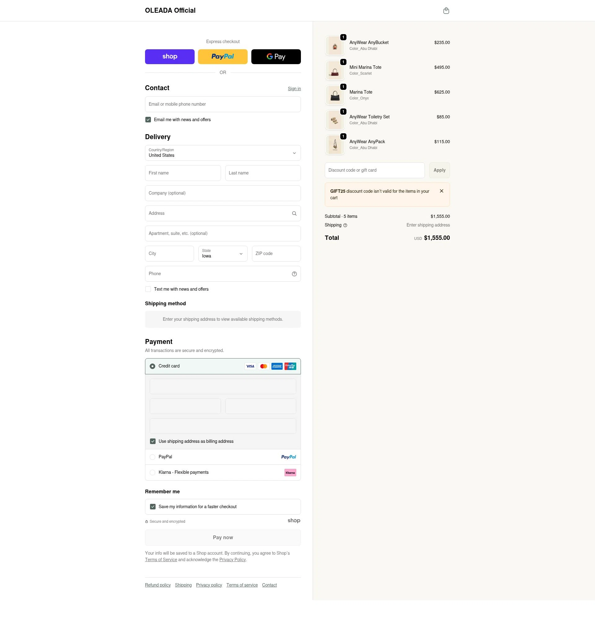 Oleada checkout page showing Oleada discount code box | Screenshot taken by SimplyCodes community member on Dec 31, 2025