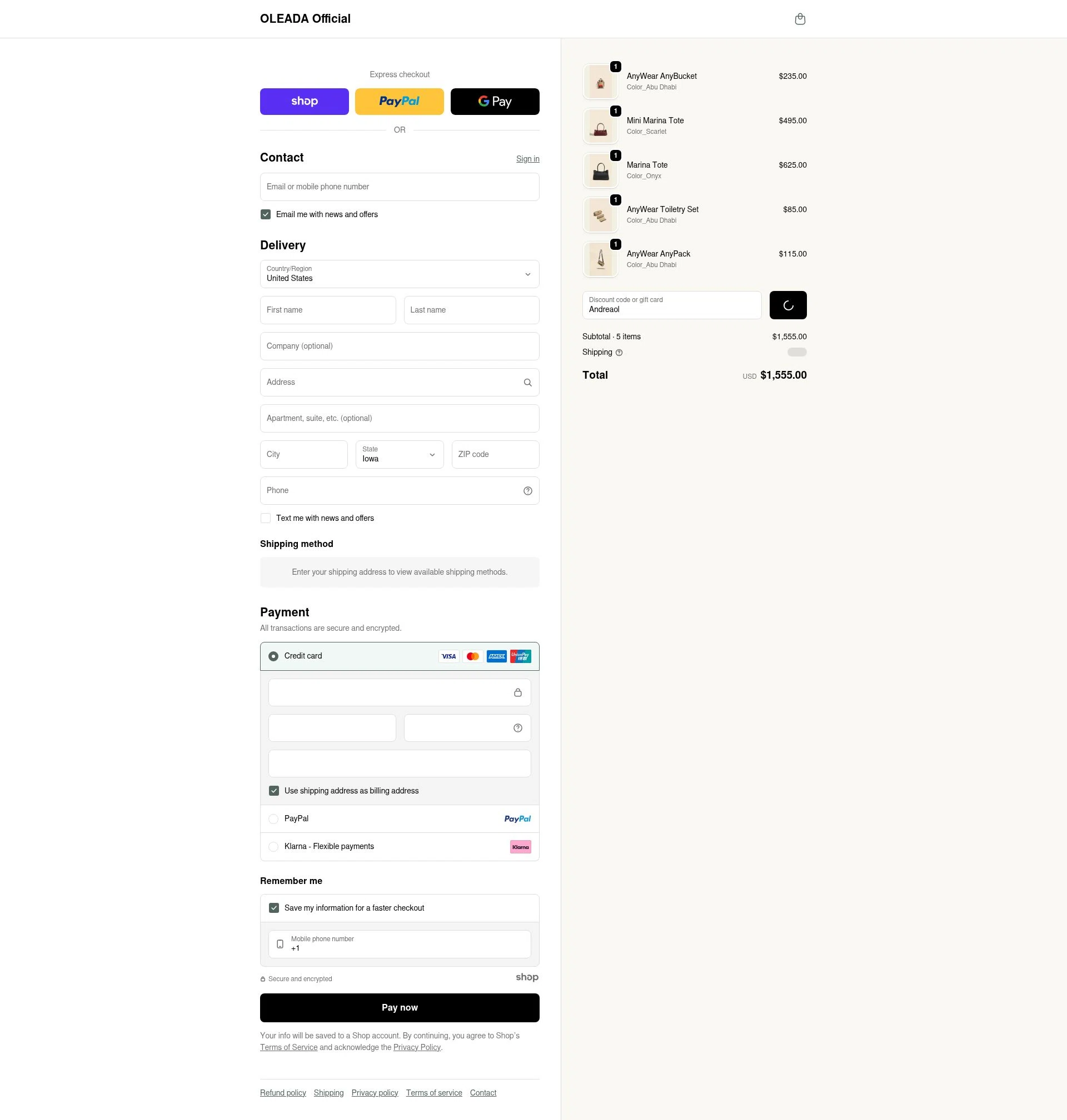 Oleada checkout page showing Oleada discount code box | Screenshot taken by SimplyCodes community member on Dec 31, 2025