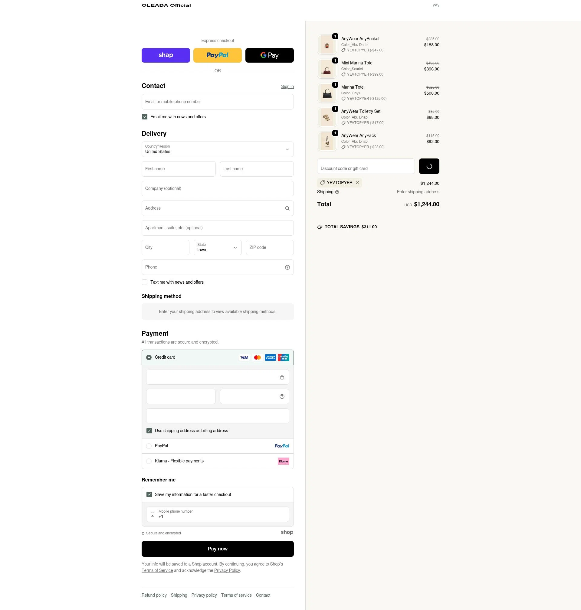 Oleada checkout page showing Oleada discount code box | Screenshot taken by SimplyCodes community member on Dec 31, 2025