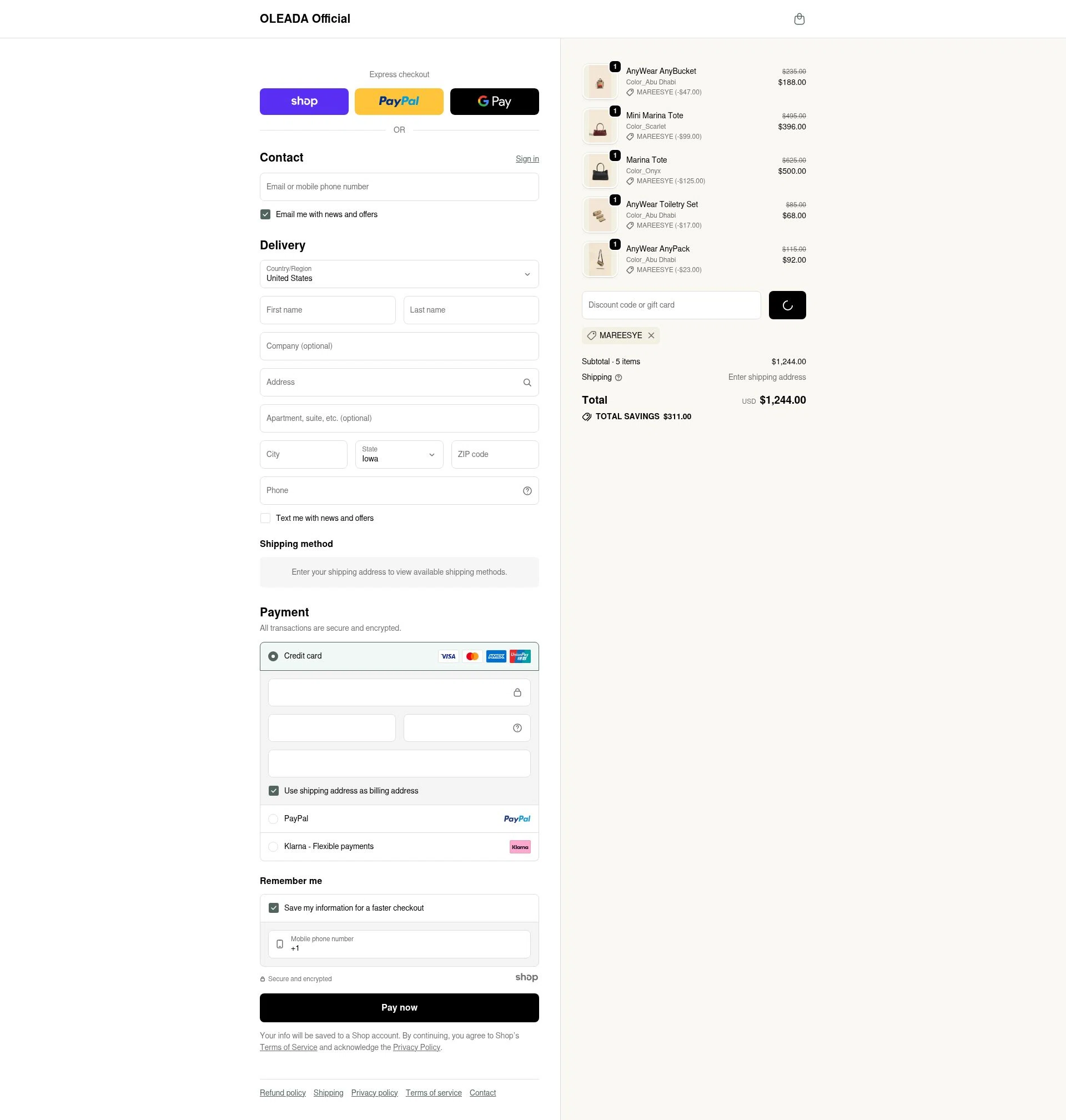 Oleada checkout page showing Oleada discount code box | Screenshot taken by SimplyCodes community member on Dec 31, 2025
