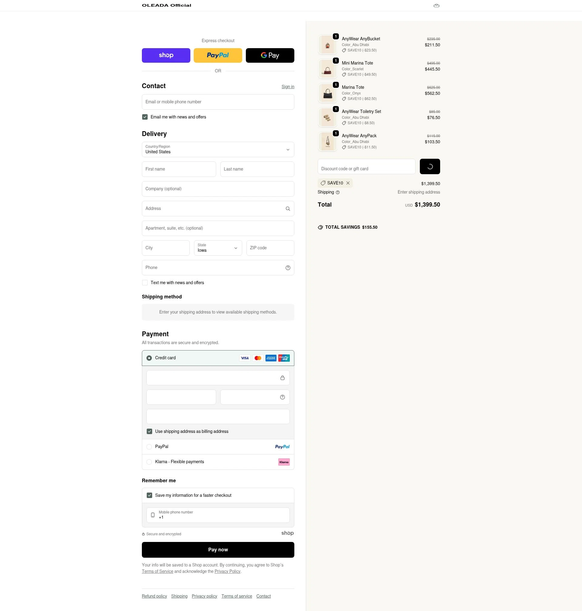 Oleada checkout page showing Oleada discount code box | Screenshot taken by SimplyCodes community member on Dec 31, 2025