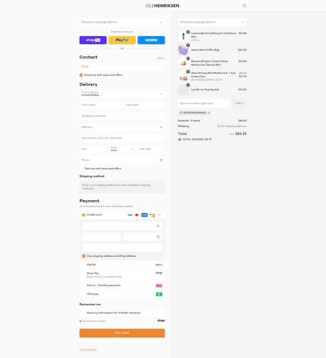 Ole Henriksen checkout page showing Ole Henriksen promo code box | Screenshot taken by SimplyCodes community member on Aug 25, 2025