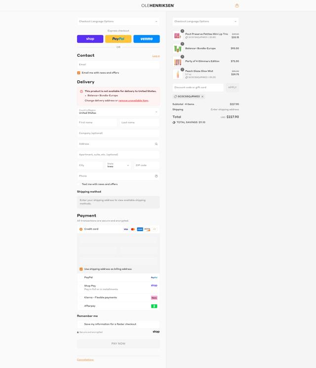 Ole Henriksen checkout page showing Ole Henriksen promo code box | Screenshot taken by SimplyCodes community member on Sep 6, 2025
