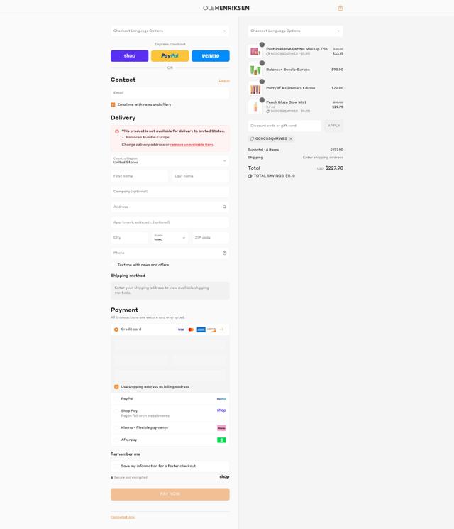 Ole Henriksen checkout page showing Ole Henriksen promo code box | Screenshot taken by SimplyCodes community member on Sep 2, 2025