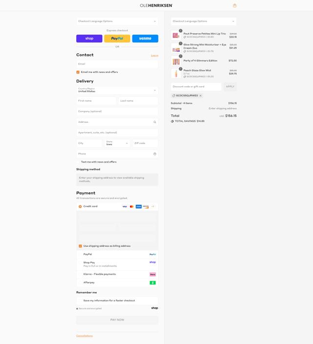 Ole Henriksen checkout page showing Ole Henriksen promo code box | Screenshot taken by SimplyCodes community member on Aug 29, 2025