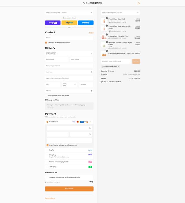Ole Henriksen checkout page showing Ole Henriksen promo code box | Screenshot taken by SimplyCodes community member on Aug 15, 2025