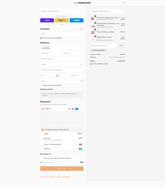 Ole Henriksen checkout page showing Ole Henriksen promo code box | Screenshot taken by SimplyCodes community member on Sep 15, 2025