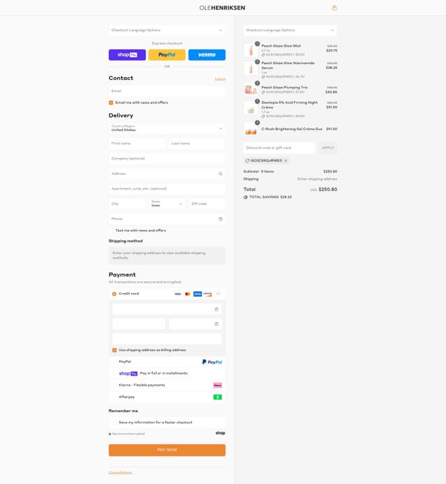 Ole Henriksen checkout page showing Ole Henriksen promo code box | Screenshot taken by SimplyCodes community member on Aug 11, 2025