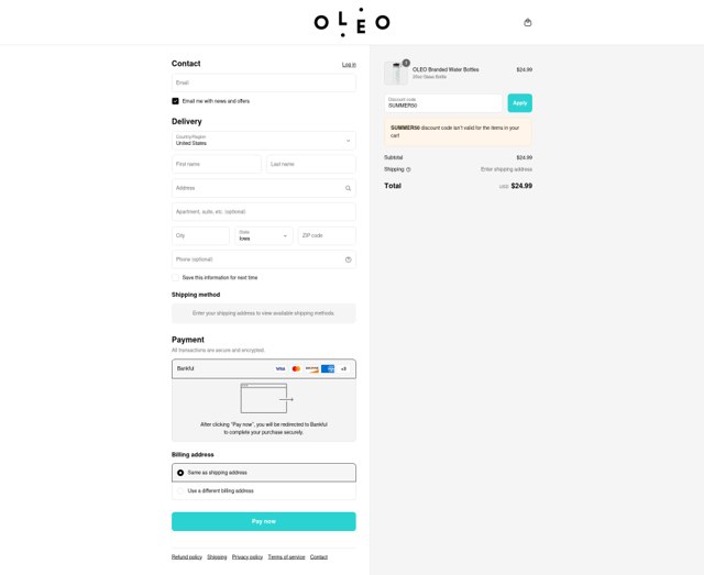Oleo checkout page showing Oleo coupon code box | Screenshot taken by SimplyCodes community member on Sep 4, 2025