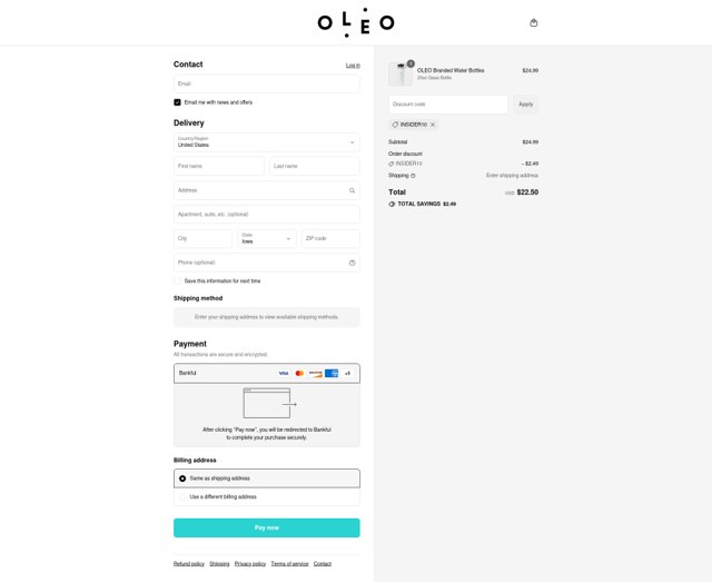 Oleo checkout page showing Oleo coupon code box | Screenshot taken by SimplyCodes community member on Sep 4, 2025