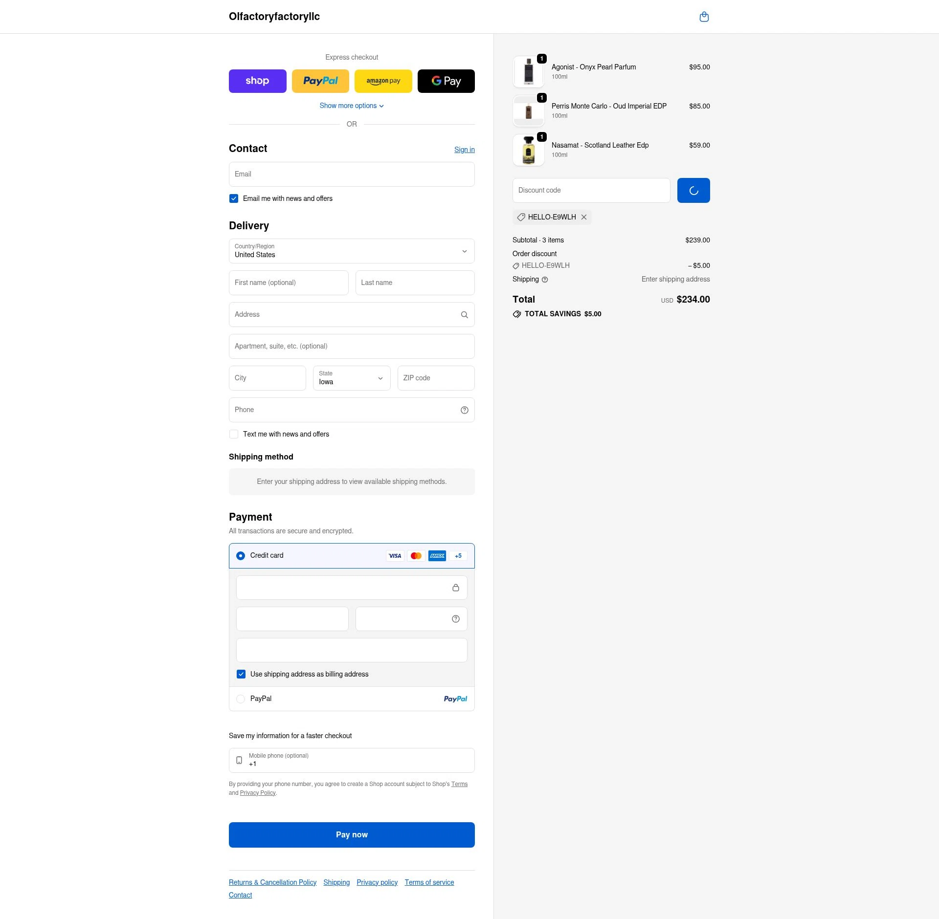 Olfactory Factory checkout page showing Olfactory Factory discount code box | Screenshot taken by SimplyCodes community member on Feb 19, 2026