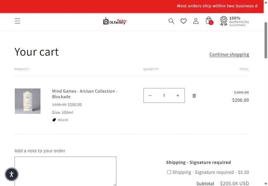 Olfactory Factory checkout page showing Olfactory Factory discount code box | Screenshot taken by SimplyCodes community member on Feb 24, 2026