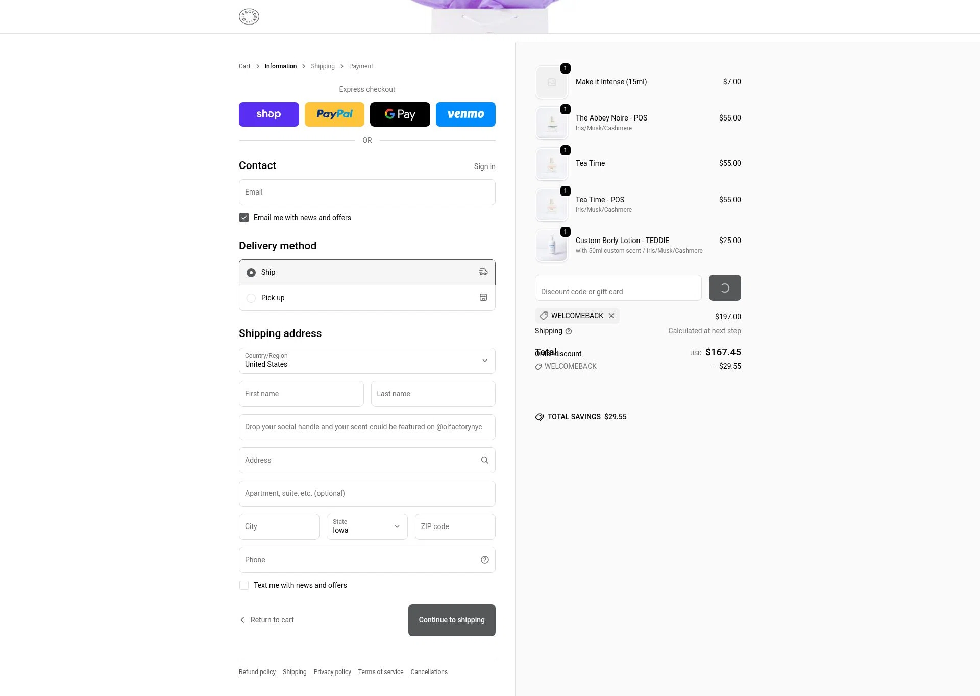 Olfactory NYC checkout page showing Olfactory NYC discount code box | Screenshot taken by SimplyCodes community member on Jan 10, 2026