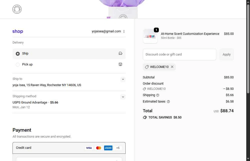 Olfactory NYC checkout page showing Olfactory NYC discount code box | Screenshot taken by SimplyCodes community member on Jan 7, 2026