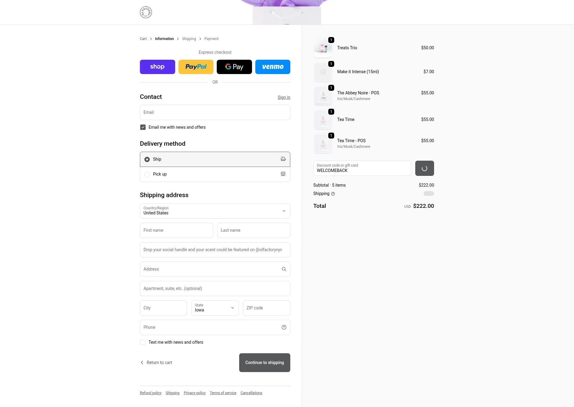 Olfactory NYC checkout page showing Olfactory NYC discount code box | Screenshot taken by SimplyCodes community member on Jan 6, 2026