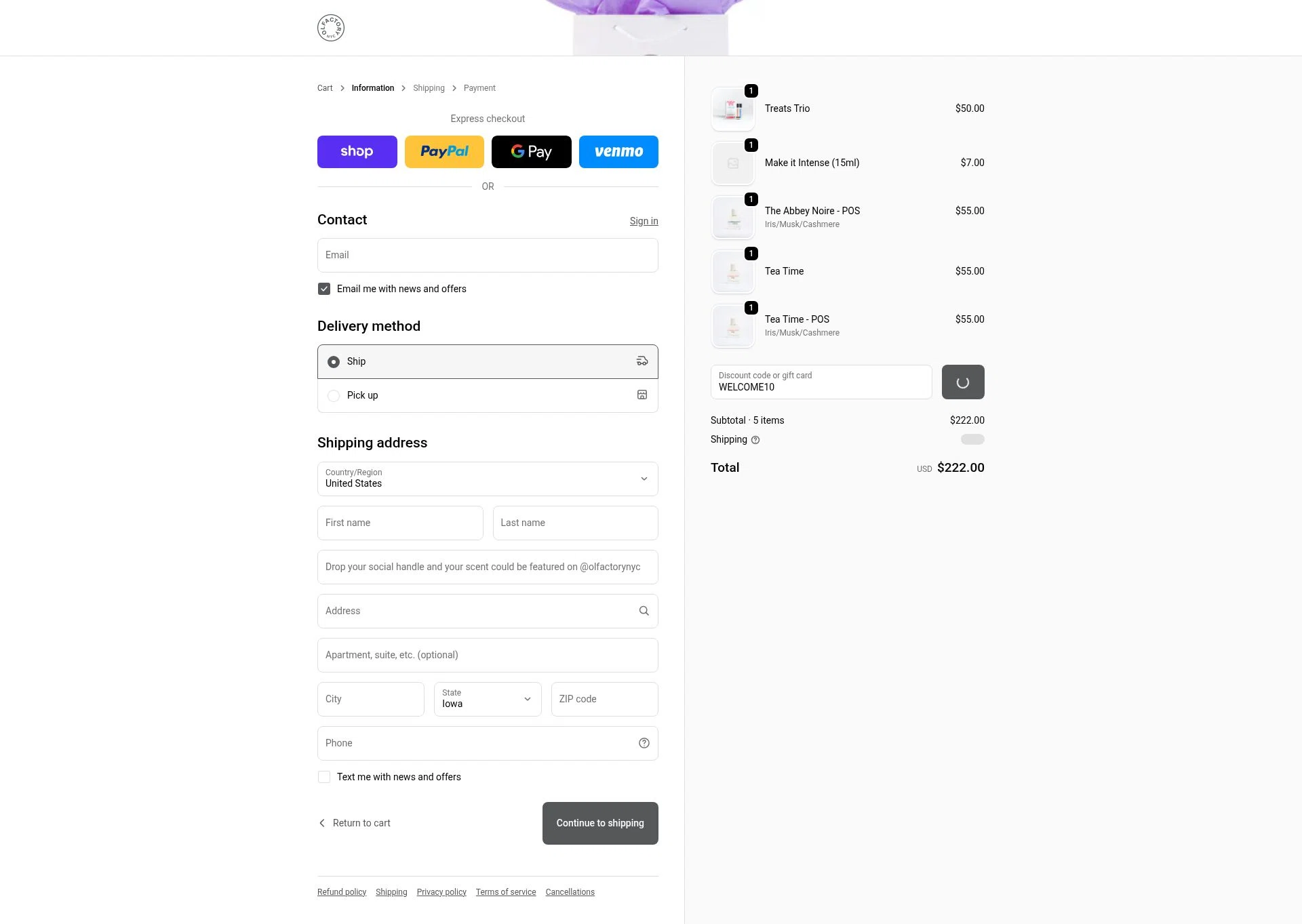 Olfactory NYC checkout page showing Olfactory NYC discount code box | Screenshot taken by SimplyCodes community member on Jan 6, 2026