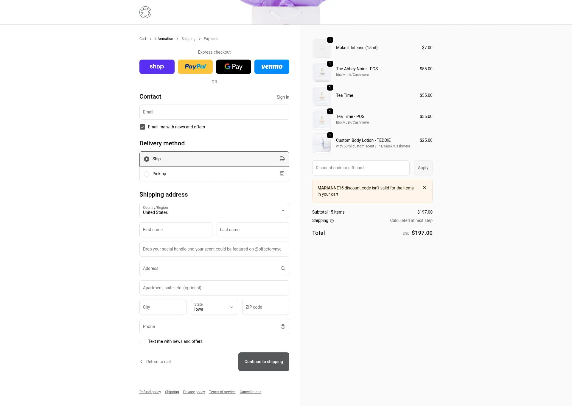 Olfactory NYC checkout page showing Olfactory NYC discount code box | Screenshot taken by SimplyCodes community member on Jan 7, 2026