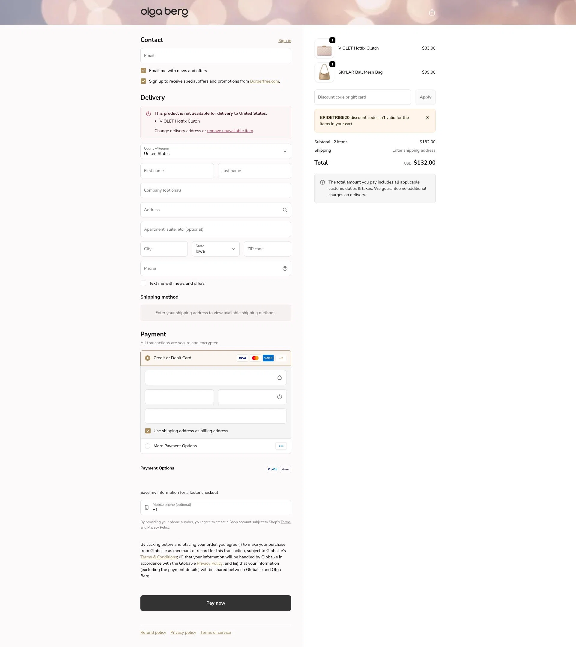 Olga Berg checkout page showing Olga Berg discount code box | Screenshot taken by SimplyCodes community member on Feb 4, 2026