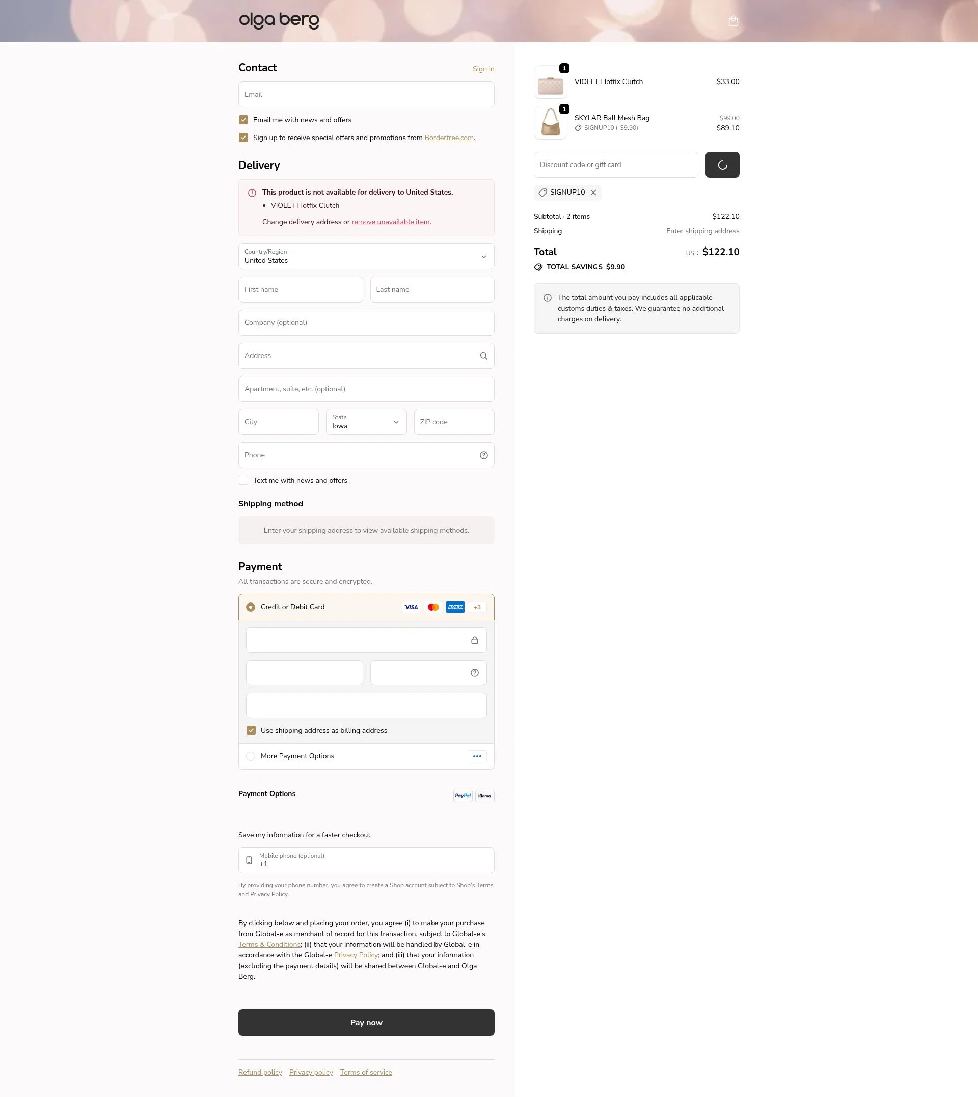 Olga Berg checkout page showing Olga Berg discount code box | Screenshot taken by SimplyCodes community member on Feb 4, 2026