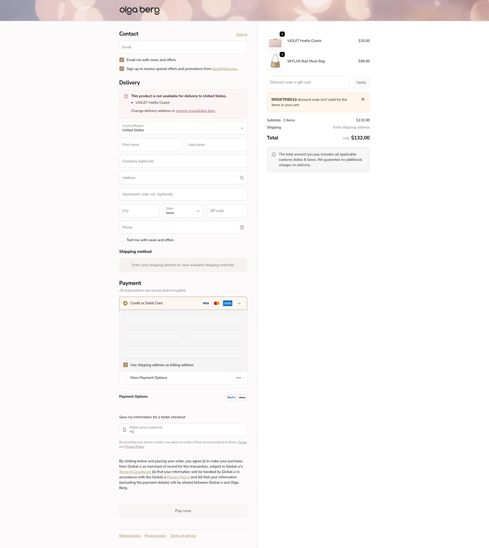 Olga Berg checkout page showing Olga Berg discount code box | Screenshot taken by SimplyCodes community member on Feb 8, 2026