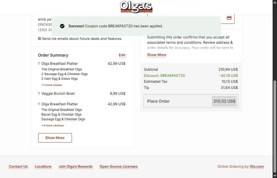 Olga's Kitchen checkout page showing Olga's Kitchen coupon code box | Screenshot taken by SimplyCodes community member on Jan 23, 2026