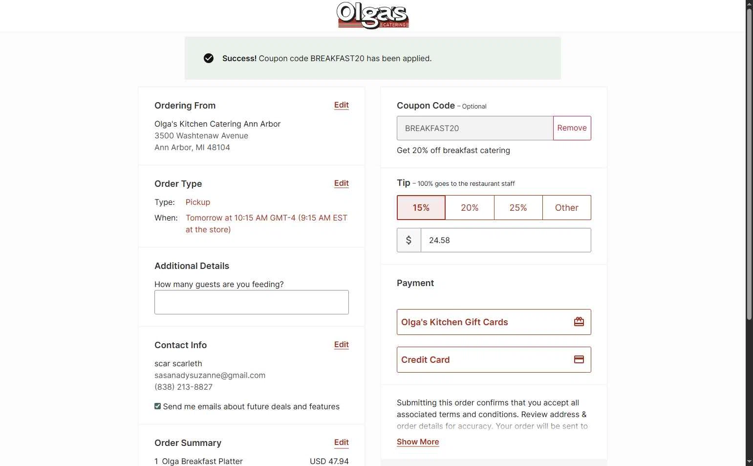 Olga's Kitchen checkout page showing Olga's Kitchen coupon code box | Screenshot taken by SimplyCodes community member on Jan 2, 2026