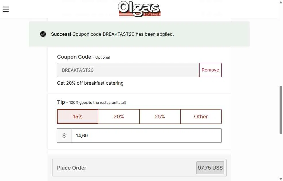 Olga's Kitchen checkout page showing Olga's Kitchen coupon code box | Screenshot taken by SimplyCodes community member on Jan 12, 2026