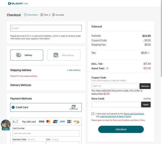 Olight checkout page showing Olight coupon code box | Screenshot taken by SimplyCodes community member on Sep 7, 2025