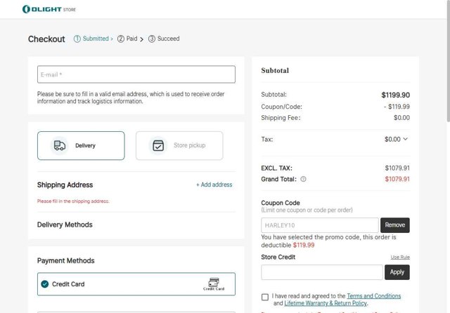 Olight checkout page showing Olight coupon code box | Screenshot taken by SimplyCodes community member on Aug 26, 2025