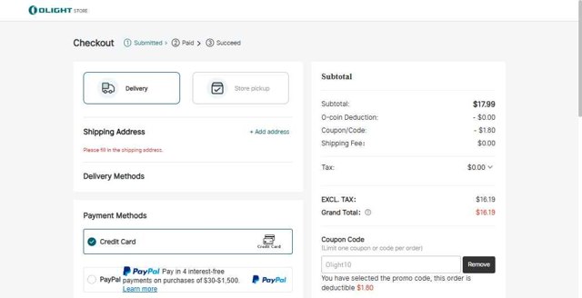 Olight checkout page showing Olight coupon code box | Screenshot taken by SimplyCodes community member on Sep 8, 2025