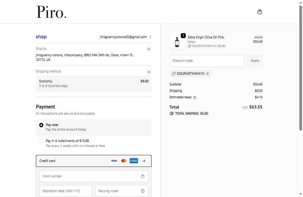 Olio Piro checkout page showing Olio Piro promo code box | Screenshot taken by SimplyCodes community member on Jan 6, 2026