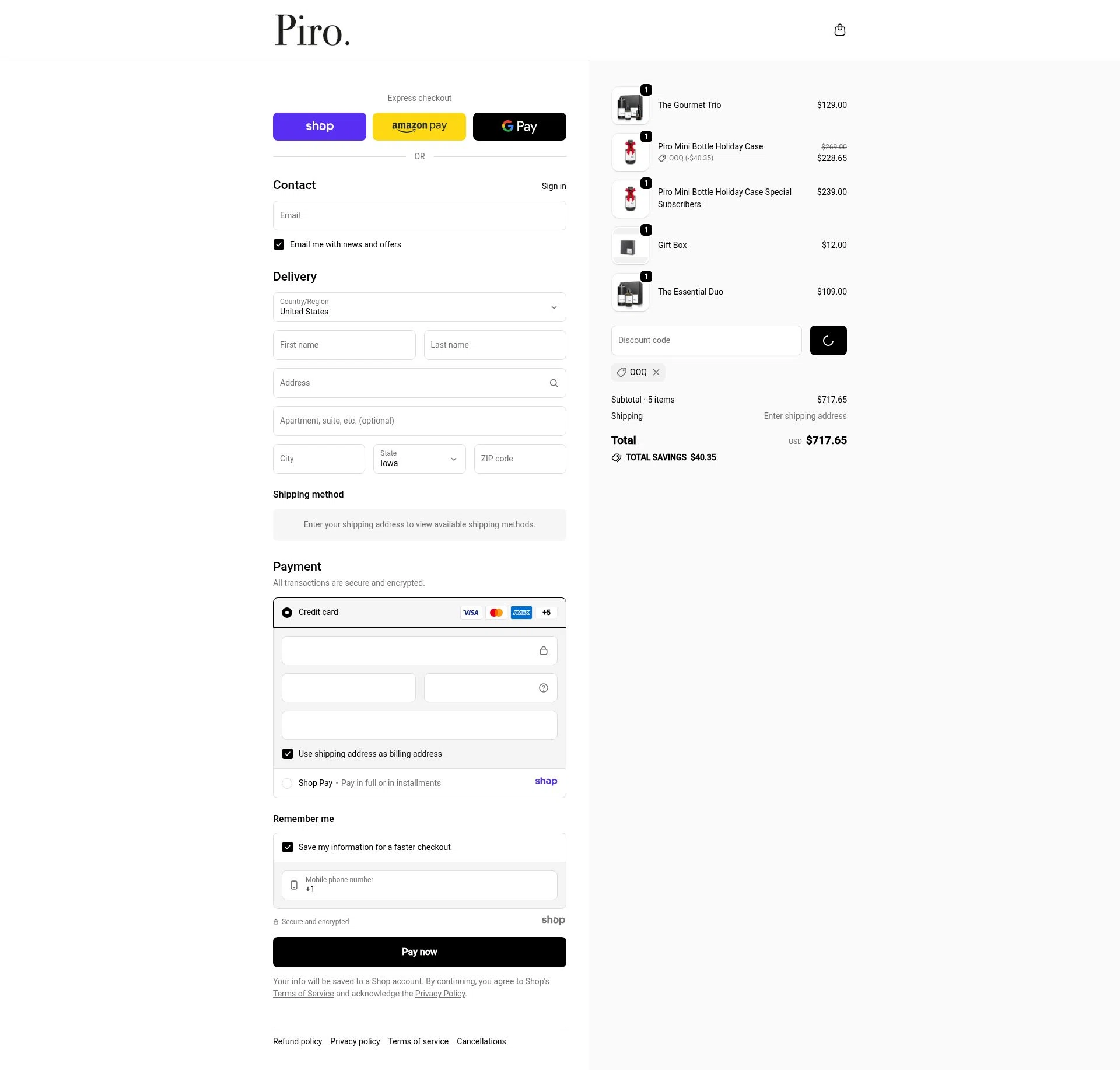 Olio Piro checkout page showing Olio Piro promo code box | Screenshot taken by SimplyCodes community member on Dec 27, 2025