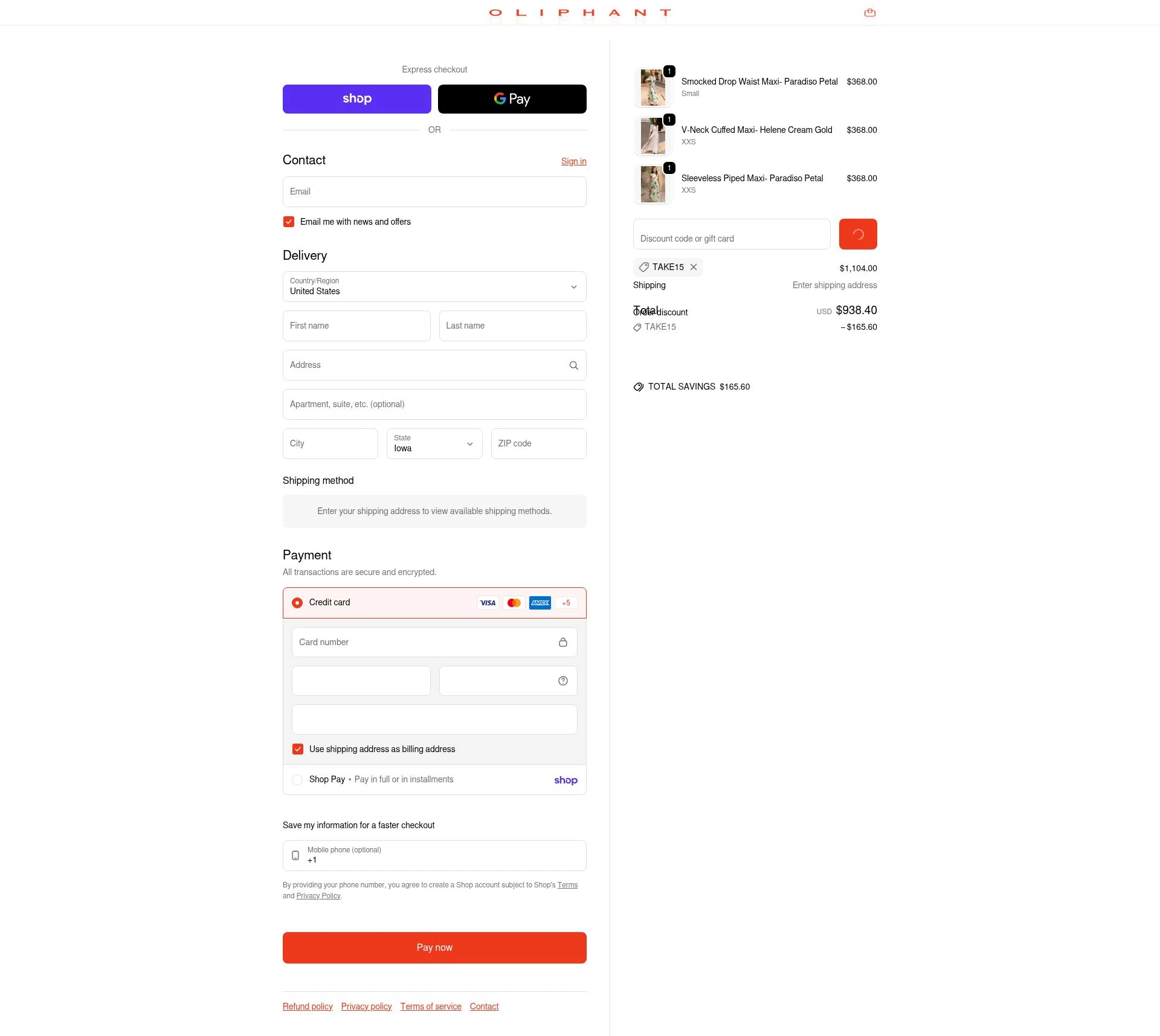 Oliphant Design checkout page showing Oliphant Design coupon code box | Screenshot taken by SimplyCodes community member on Feb 17, 2026