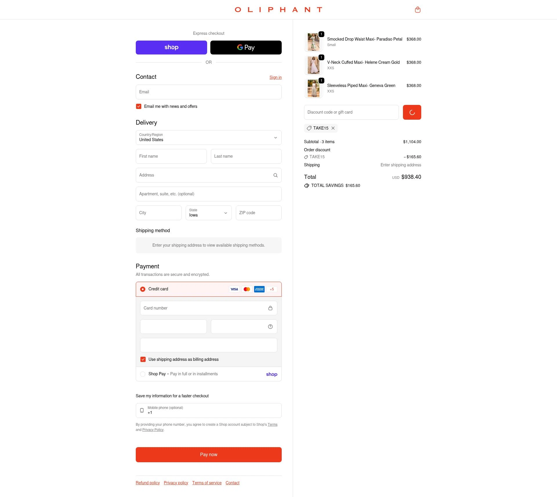 Oliphant Design checkout page showing Oliphant Design coupon code box | Screenshot taken by SimplyCodes community member on Feb 12, 2026