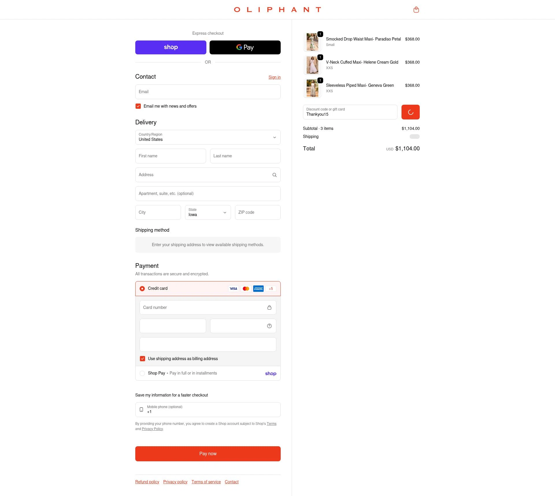 Oliphant Design checkout page showing Oliphant Design coupon code box | Screenshot taken by SimplyCodes community member on Feb 13, 2026