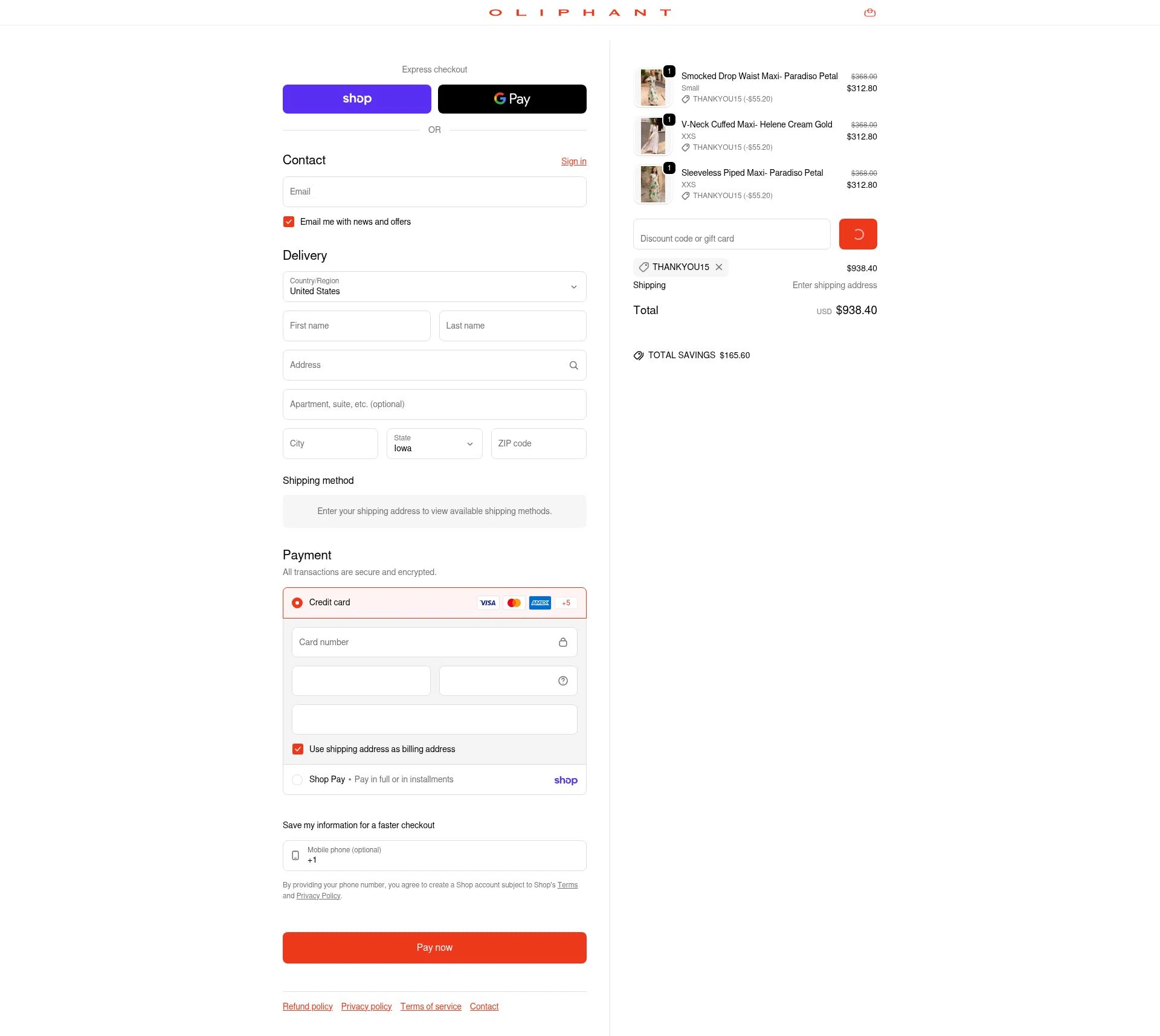 Oliphant Design checkout page showing Oliphant Design coupon code box | Screenshot taken by SimplyCodes community member on Feb 17, 2026