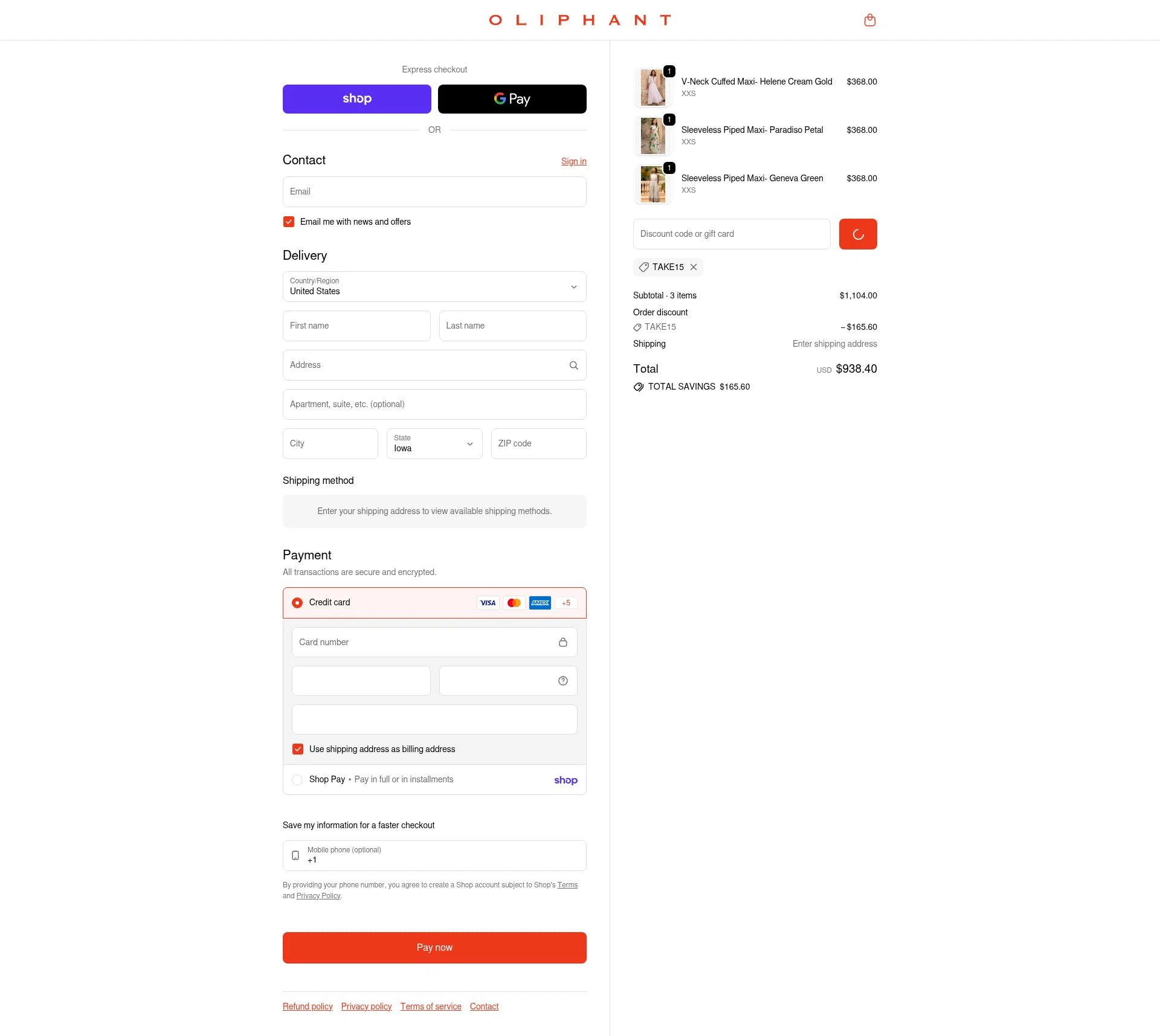Oliphant Design checkout page showing Oliphant Design coupon code box | Screenshot taken by SimplyCodes community member on Feb 11, 2026