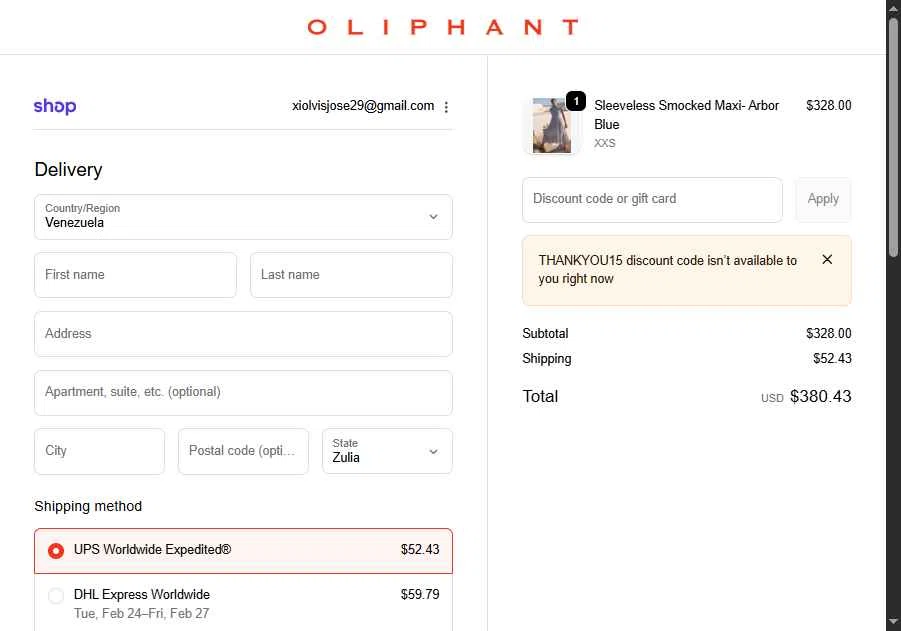 Oliphant Design checkout page showing Oliphant Design coupon code box | Screenshot taken by SimplyCodes community member on Feb 20, 2026