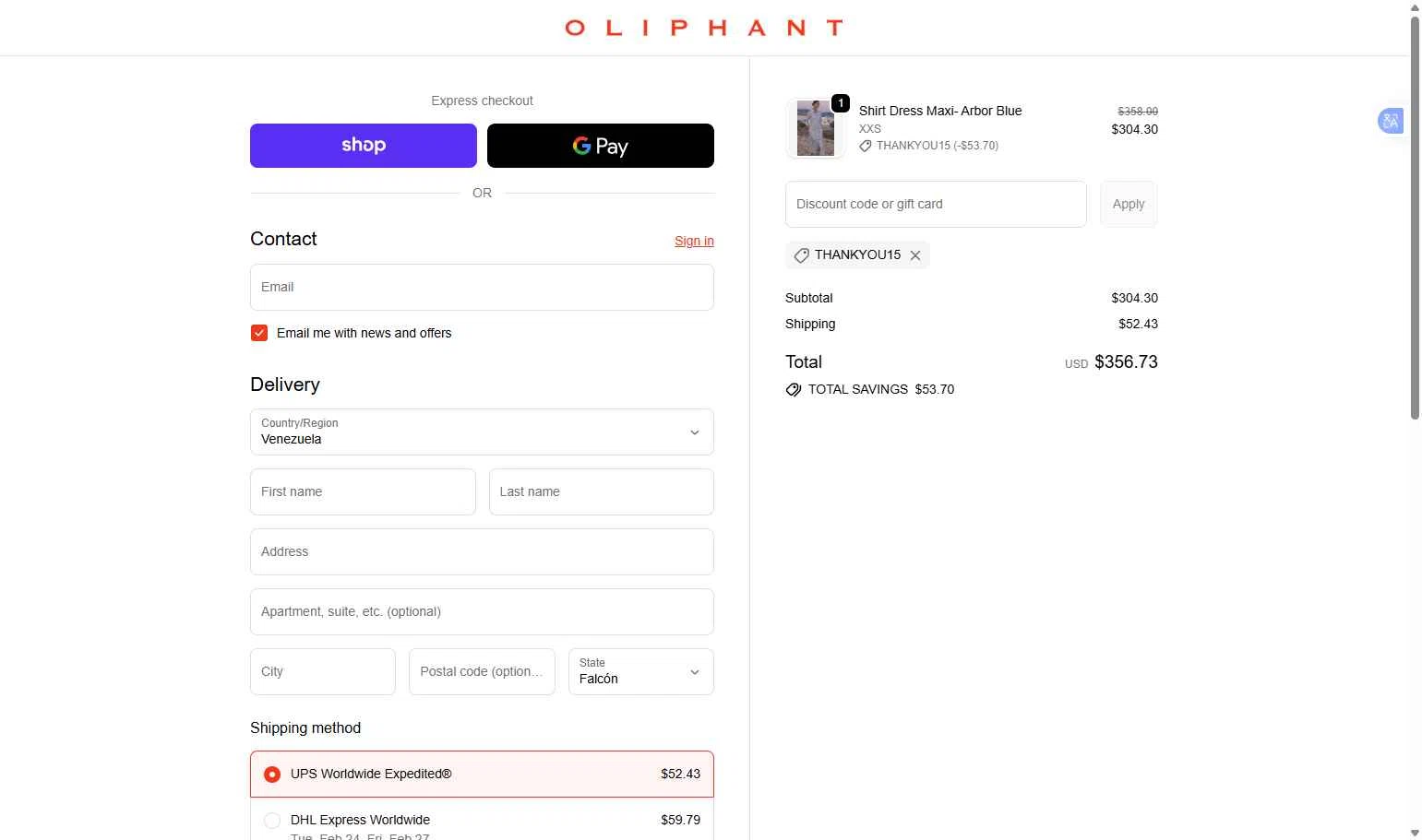 Oliphant Design checkout page showing Oliphant Design coupon code box | Screenshot taken by SimplyCodes community member on Feb 20, 2026