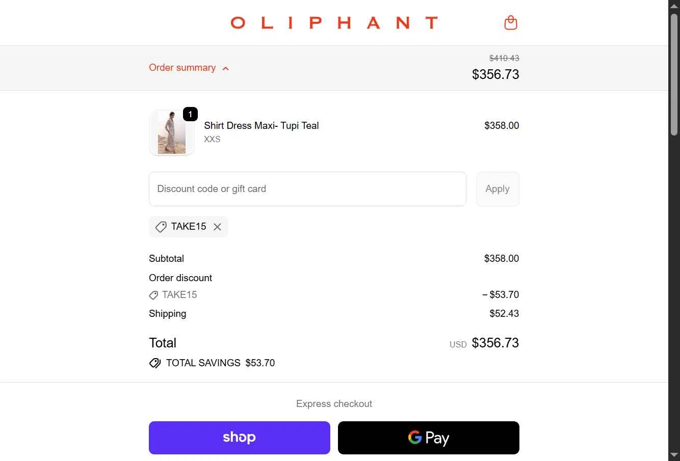 Oliphant Design checkout page showing Oliphant Design coupon code box | Screenshot taken by SimplyCodes community member on Feb 12, 2026