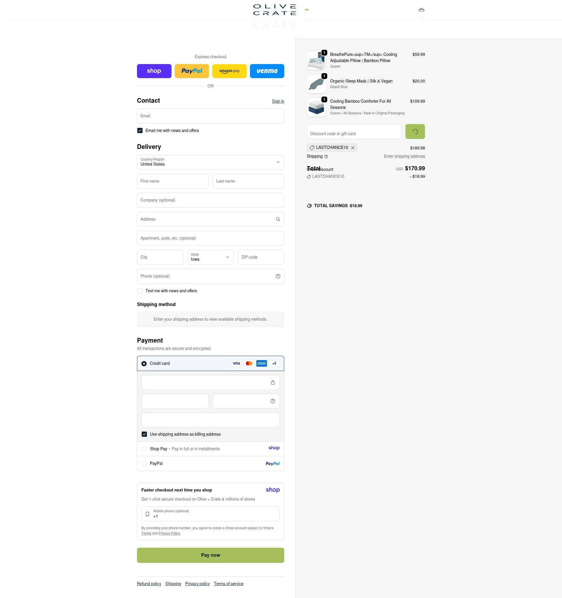 Olive and Crate checkout page showing Olive and Crate discount code box | Screenshot taken by SimplyCodes community member on Jan 13, 2026