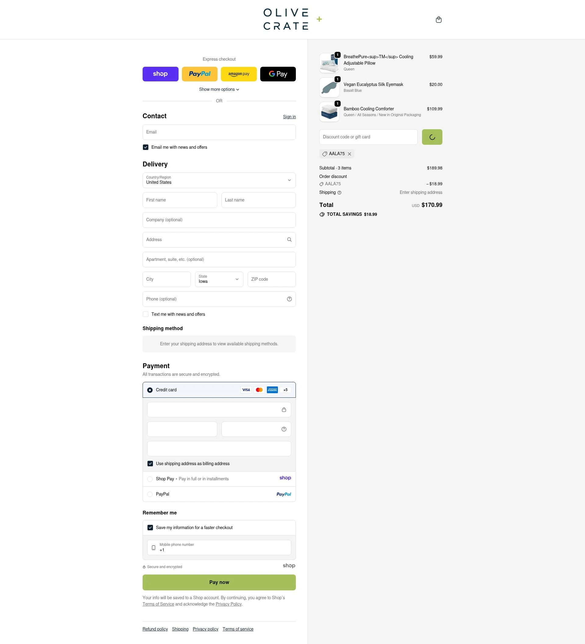 Olive and Crate checkout page showing Olive and Crate discount code box | Screenshot taken by SimplyCodes community member on Jan 8, 2026