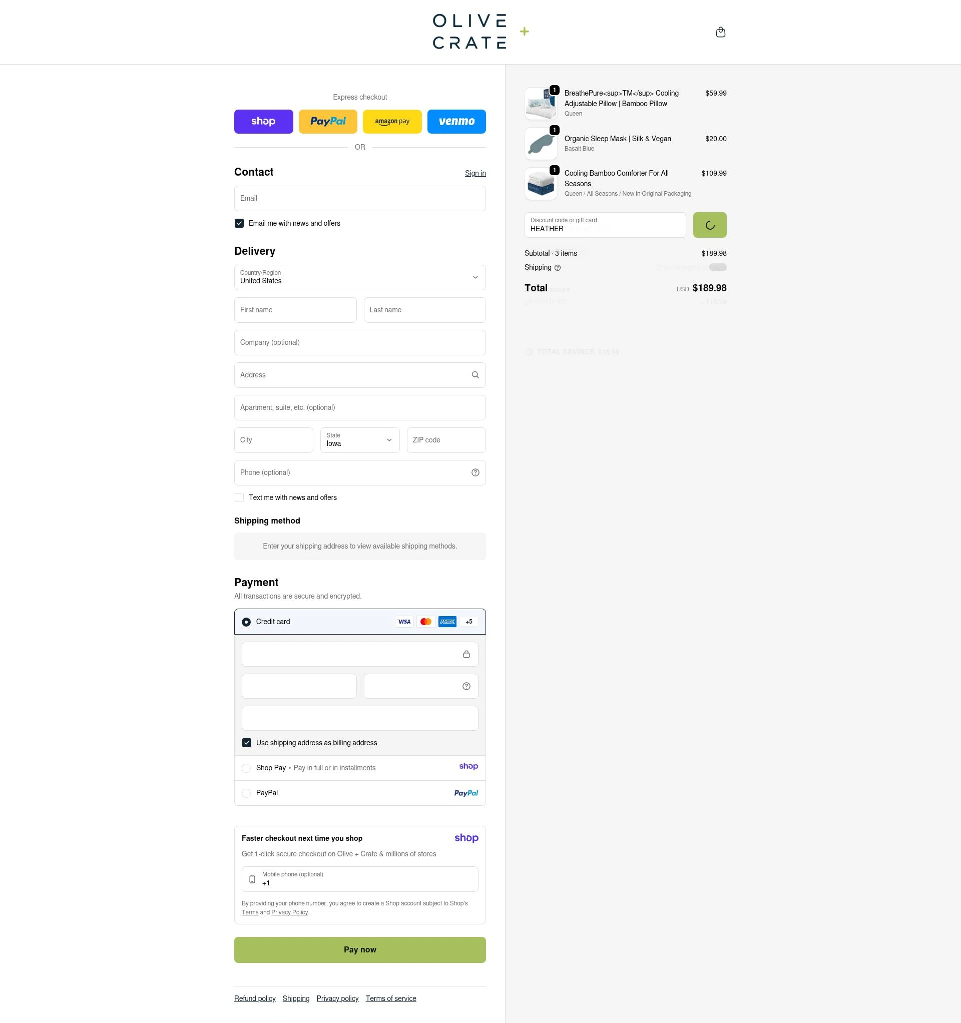Olive and Crate checkout page showing Olive and Crate discount code box | Screenshot taken by SimplyCodes community member on Jan 13, 2026