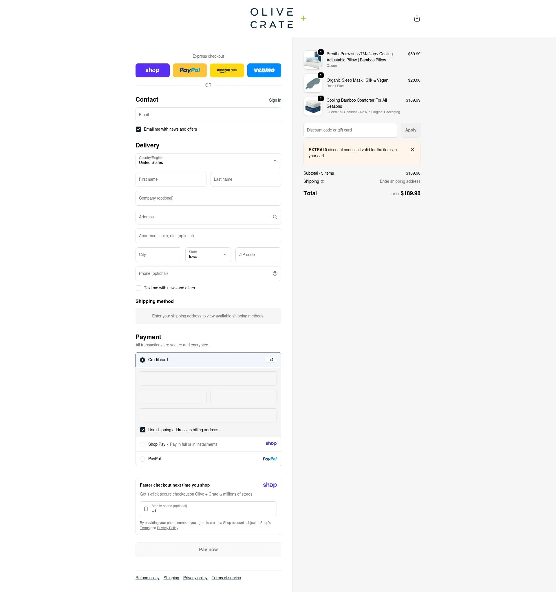 Olive and Crate checkout page showing Olive and Crate discount code box | Screenshot taken by SimplyCodes community member on Jan 13, 2026